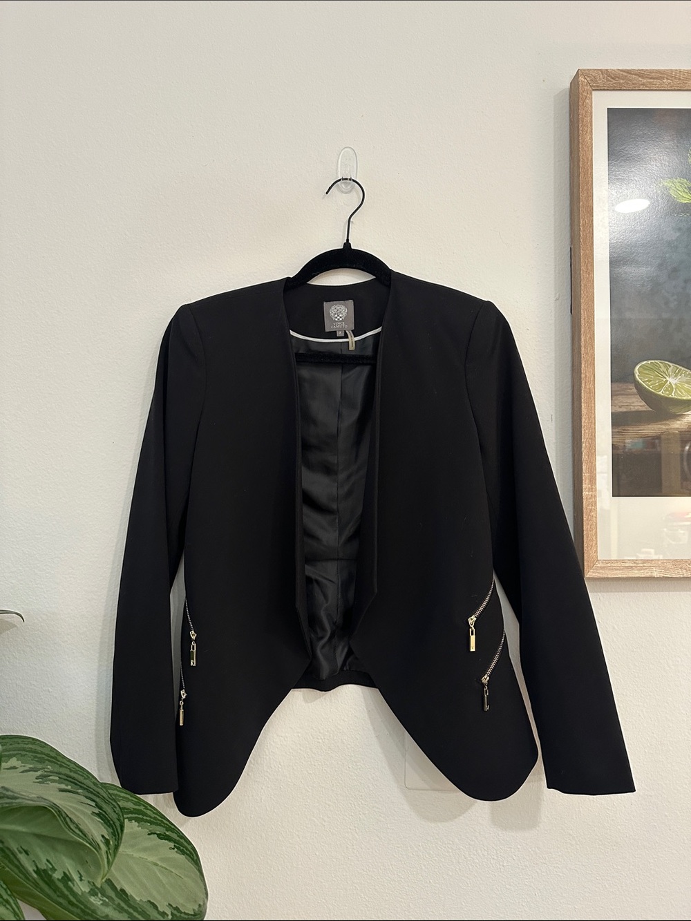 Vince Camuto Black Open-Front Women's Blazer with Gold Zips
